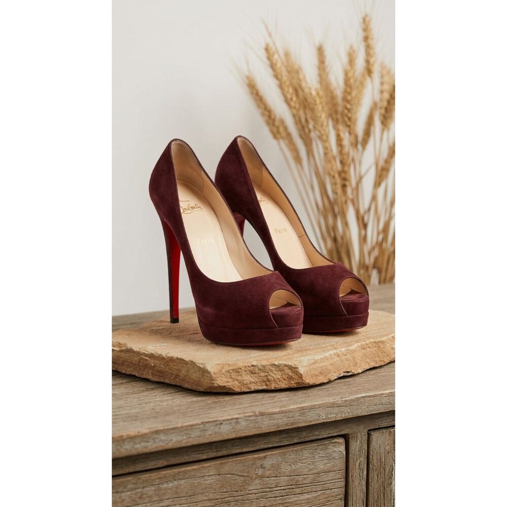 Christian Louboutin Burgundy Suede Peep Toe Platform Heels